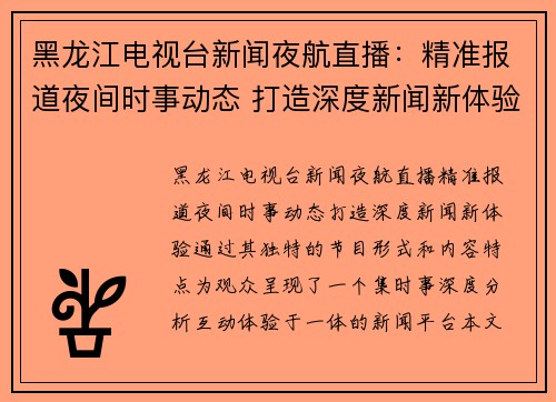 黑龙江电视台新闻夜航直播：精准报道夜间时事动态 打造深度新闻新体验