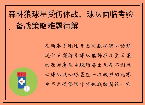 森林狼球星受伤休战，球队面临考验，备战策略难题待解